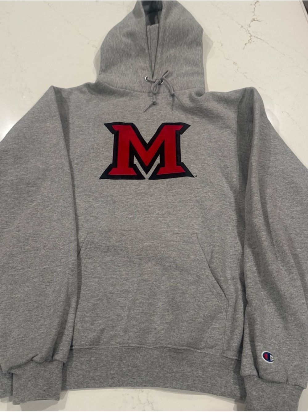 Miami of Ohio Champion Gray Hoodie with Red 'M' Logo